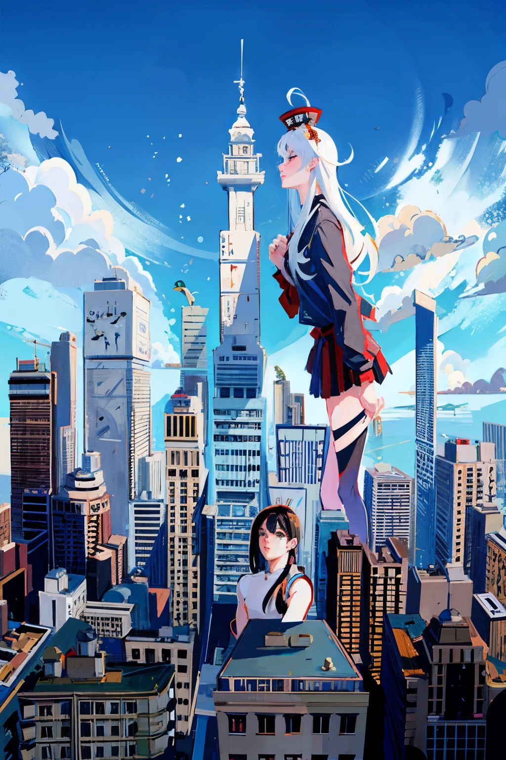 giantess art, anime style cityscape, a giantess, From the game Genshin