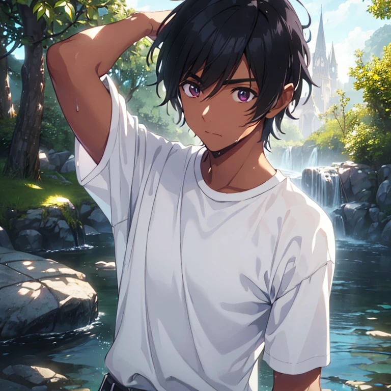 masterpiece, best quality, extremely detailed, middle aged male, long black hair and brown skin, Lean and Lanky , final fantasy 14, white shirt , wet clothes, armpits, outdoor, rich background, dreamy feeling, dramatic lighting, Blu-ray quality, 8K