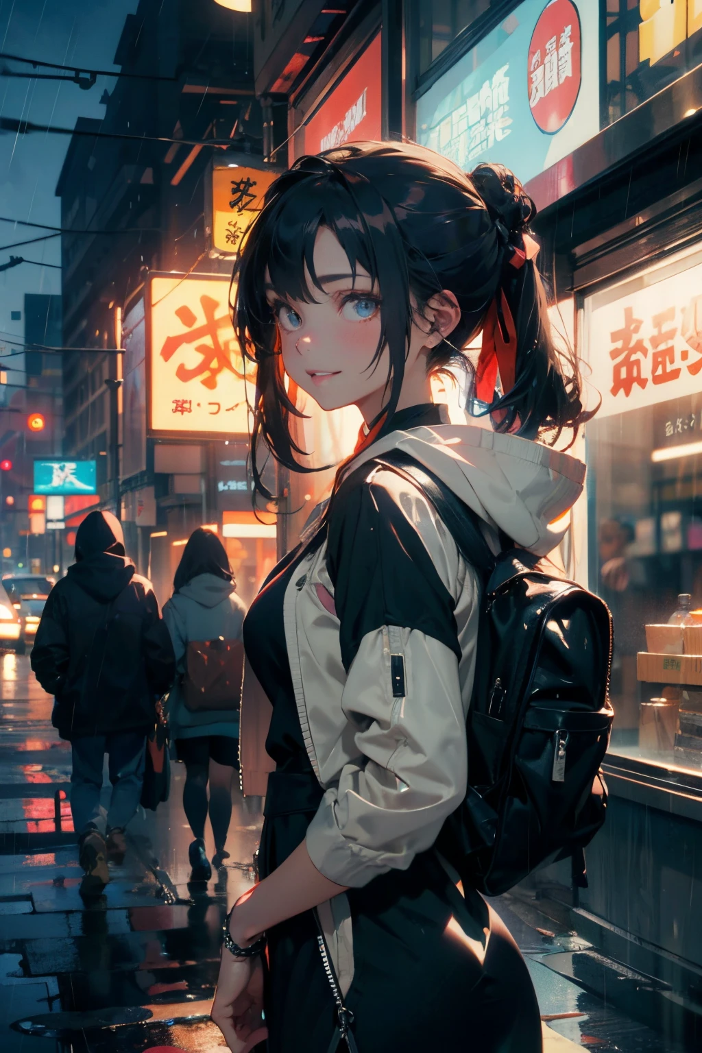 a 20 yo woman、Black blue Hair、poneyTail、Bun hair、Big smile、iridescent eye op fade:1.3)、dark themed、Muted Tones、Subdued Color、highly contrast、qipao dress、(natural skin textures、Hyper-Realism、Soft light、sharp)、1girl, jacket, rain, outdoor, hoodie, open jacket, chain, backpack, looking at another, messy hair, trending on artstation, 8k resolution, highly detailed, anatomically correct, sharp image, digital painting, concept art, trending on pixiv, style of makoto shinkai,