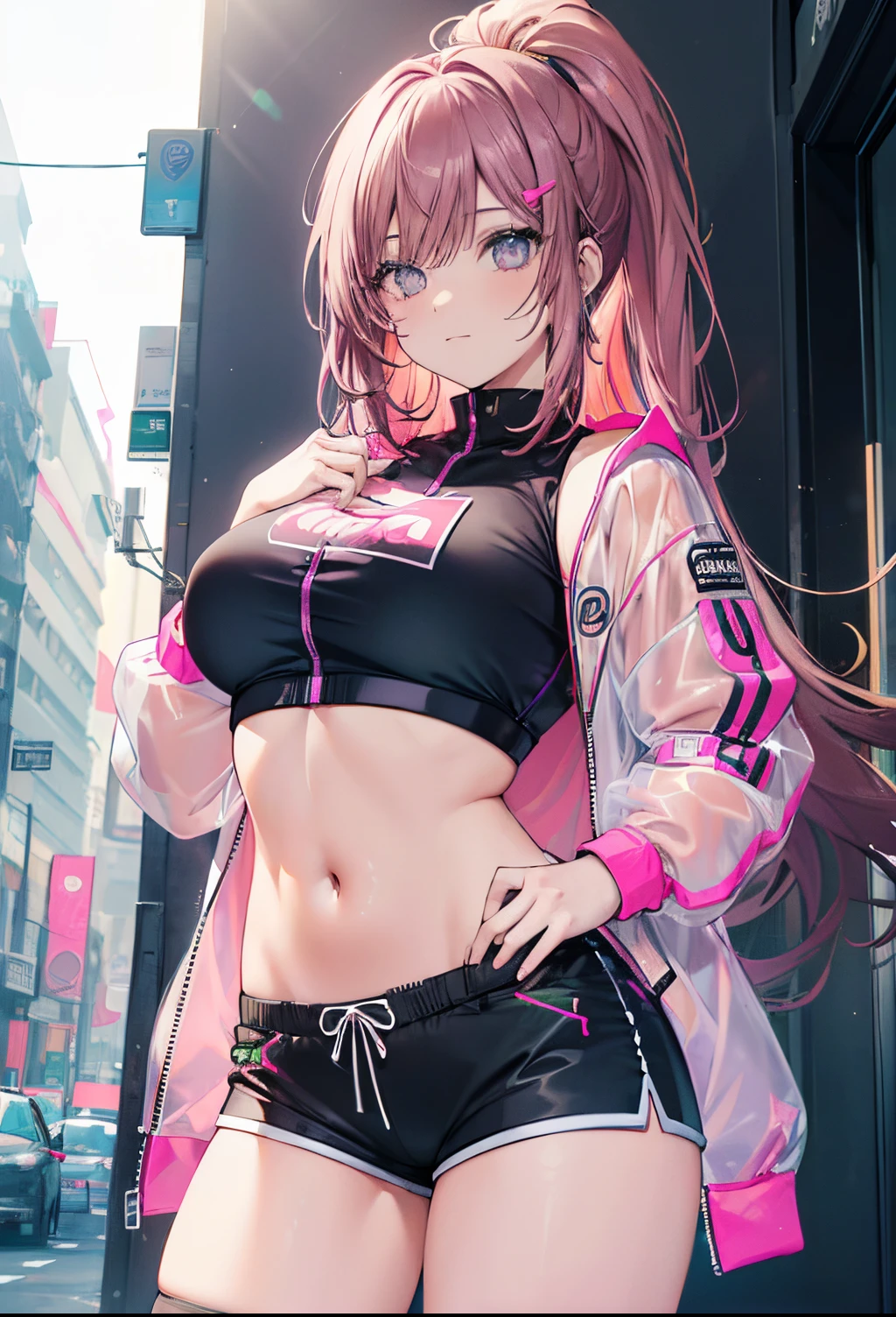 ((Masterpiece)), best quality, absurderes, ultra detailed, holographic, cowboy shot, golden ratio, super cute girl, mature girl, idol girl, super beautiful asian girl with very beautiful violet glowing eyes, beautiful glowing brown multicolored hair, high ponytail, nice and sexy body, slim body, perfect body, wearing a super tight anime printed leotard, an anime printed super tight off shoulder long sleeve crop top, a super aesthetic transparent mini jacket, beautiful hair ornament, pink jordan tennis, being photographed in a mall shop with her handsome skinny boyfriend, wearing