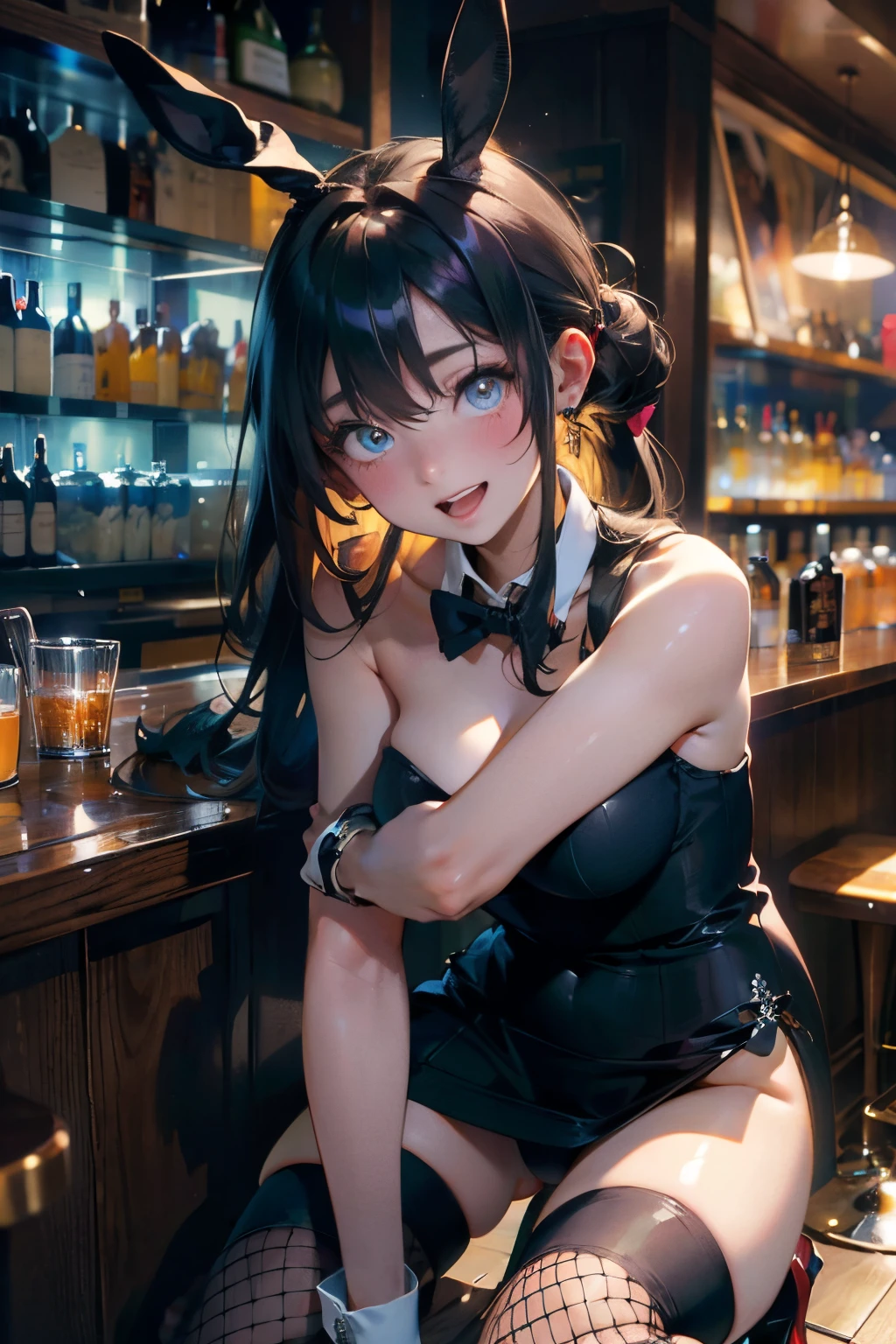 a 20 yo woman、Black blue Hair、poneyTail、Bun hair、Big smile、iridescent eye op fade:1.3)、dark themed、Muted Tones、Subdued Color、highly contrast、qipao dress、(natural skin textures、Hyper-Realism、Soft light、sharp)、(top-quality、in 8K、32K、masterpiece、nffsw、ighly detailed、Impresionismo、Photorealsitic:1.2)、Full body, (a bar counter、shop front:1.4)、deep-shadows、detailed faces and eyes、beauitful face、blurry backround、20-year-old beauty、shinny skin, Beautiful wavy golden hair、 poneyTail、Blue eyes、beauitful face、blurry backround、Playboy Bunny Girl、High-cut leotards、a bow tie、White cuffs、Thighs wrapped in fishnet stockings、Black rabbit ears、Have a tray of liquor、crouching down、An embarrassed smile with an open mouth、Curve、