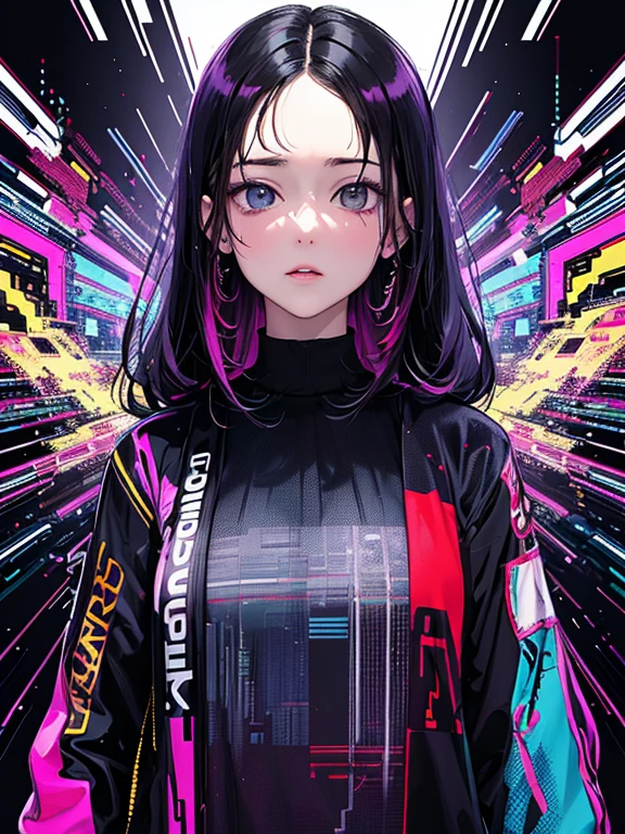(masterpiece, top quality, best quality, official art, beautiful and aesthetic:1.2), (1girl:1.3), glitch art, (digital distortion), pixelated fragments, data corruption,colorful noise, visual chaos,contemporary aesthetics