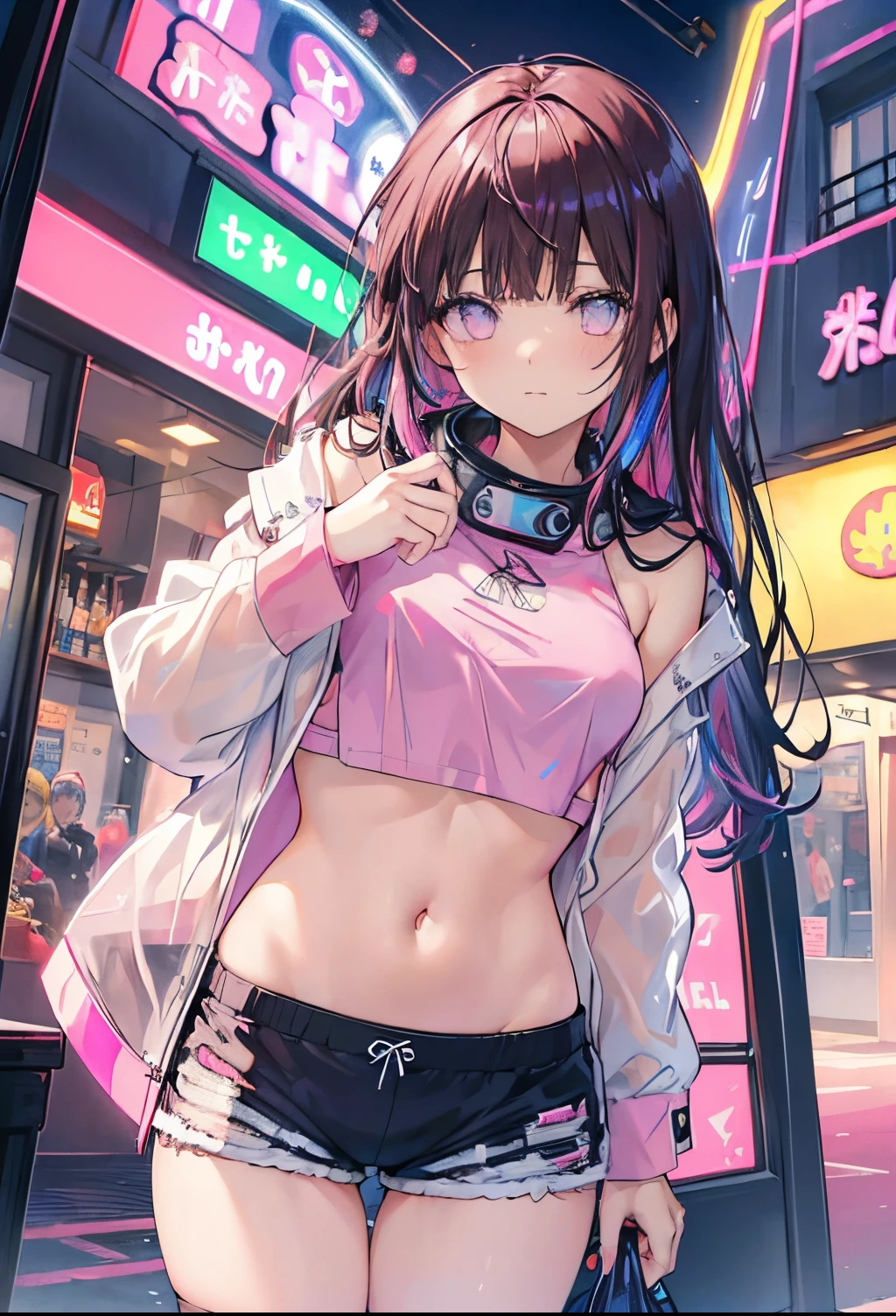 ((masterpiece)), Highest quality, Absurd, Super detailed, Holographic, Cowboy Shot, Rear view, Ass Focus, Golden Ratio, Very cute girl, Mature Girls, idle girl, Super beautiful Asian girl with gorgeous purple eyes, Beautiful shiny brown multicolored hair, High Ponytail, nice and sexy body, The body is slim, Perfect body, Super tight off-the-shoulder long sleeve crop top with anime print, Super beautiful transparent mini jacket, Beautiful hair ornaments, pink jordan tennis, Being photographed at a store in a shopping mall,( Take off, Showing off her neon pink thong, Displaying G strings: 1.5)