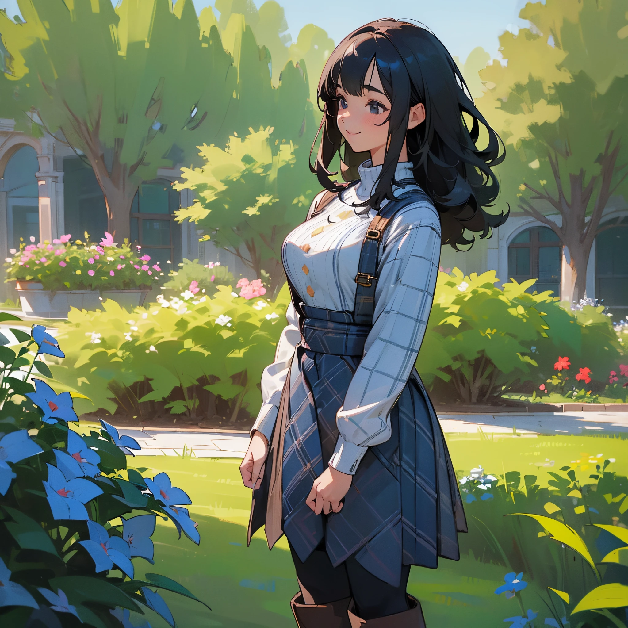 (High quality, High resolution, Ultra-detailed, Realistic:1.37), peaceful ambiance, (plein air, garden), Teenage girl standing alone, (My breasts are big.), Beautiful detailed features, Cute smile, (Black bob hair), Ribbed sweater, blue plaid skirt, Black tights, Brown boots.