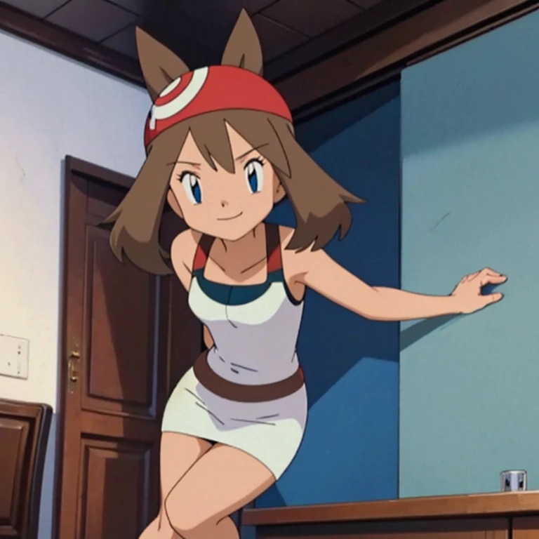 masterpiece, Best Quality, hight resolution, indoor, 1 girl, Solo, May (A pokémon), Brown hair, bare shoulders, bare arms, black sweetheart mini dress, high school:1.1, closed_mouth, smile, seductive.