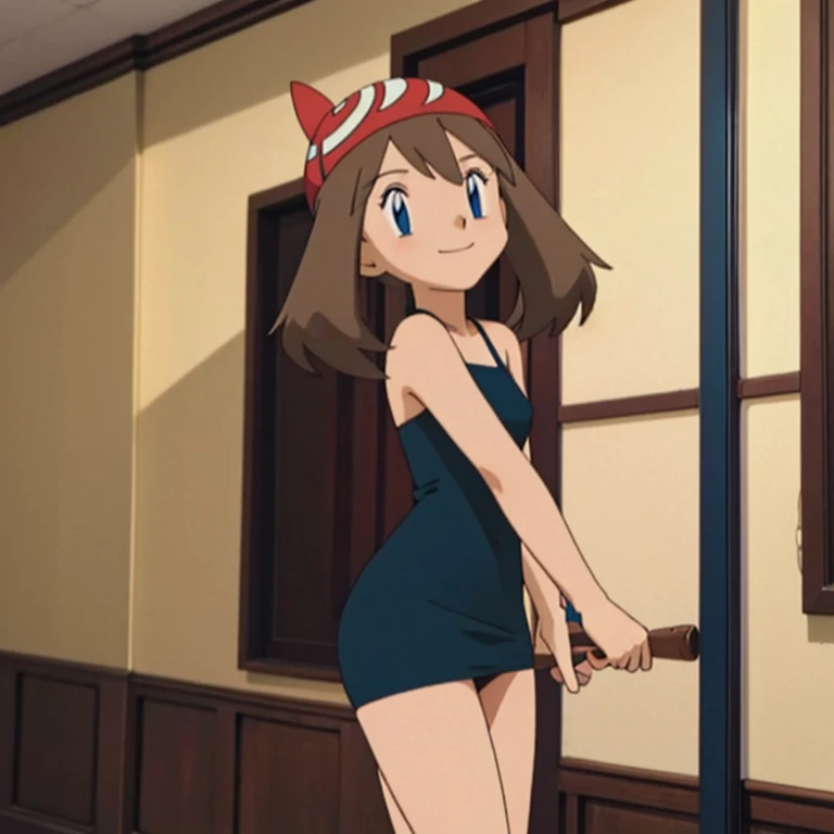 masterpiece, Best Quality, hight resolution, indoor, 1 girl, Solo, May (A pokémon), Brown hair, bare shoulders, bare arms, black sweetheart mini dress, high school:1.1, closed_mouth, smile, seductive.