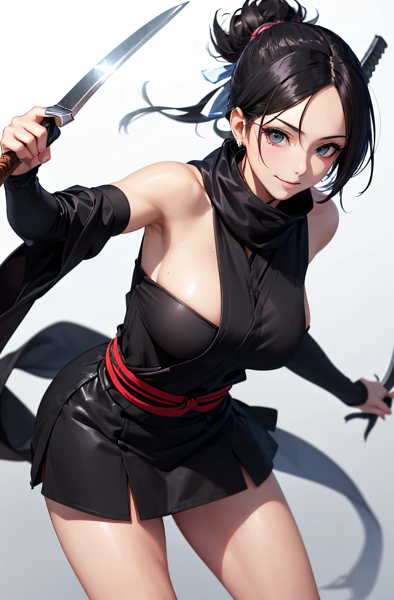 (masutepiece:1.5)、(top-quality:1.5)、(16k wallpaper:1.2)、(Photorealsitic:1.2)、(ultra-detailliert:1.2)、(超A high resolution:1.2)、(Ultra-detailed and realistic skin:1.2)、Super dense and beautiful eyes、Powerful and beautiful eyeshadow、Beautiful 16 year old kunoichi、Natural Color Lip、(black half up hair:1.2)、(Woman in the coolest ninja costume:1.4)、Black scarf, miniskirt and mask、shuriken、kunai、Ninja Sword、Cute smile、beautiful battle pose、(Surrounded by a lot of guys:1.3)、beautiful thigh、Special Move