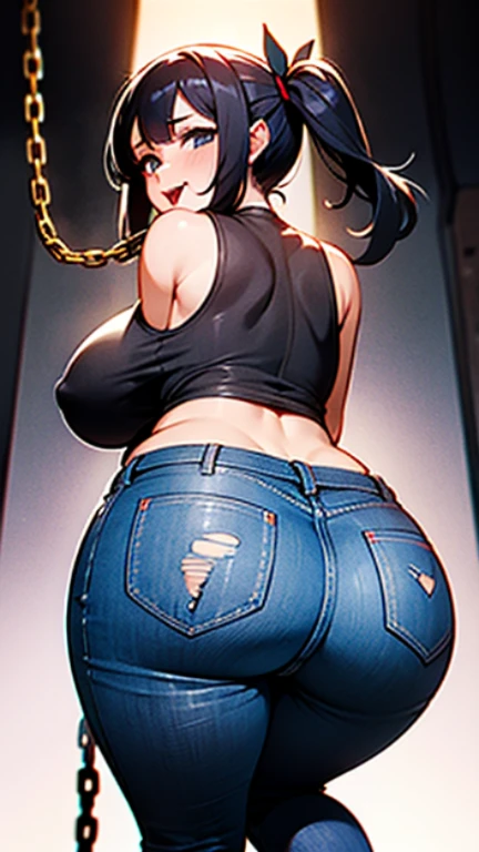 Girl in chains,Twin-tailed,very large breast,Very big ass、torn tanktop,low rise jeans,posterior view,Looks Back,put out the tongue,torture room,murky,8K,High quality,Super Detail,super precision,