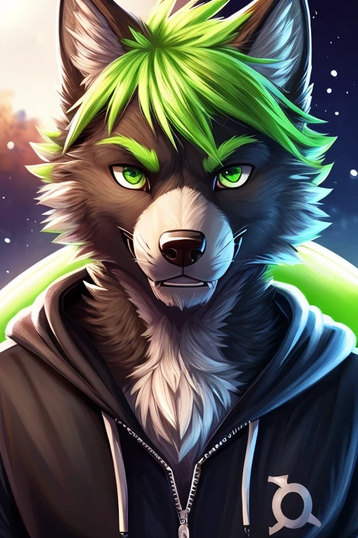 (((8K))), (((wolf))), ((spiky hair)), nose bandage, (((limegreen hair))), boy, schoolboy, cute boy, cute, lime green eyes, lime green hoodie, long muzzle, black fur, smiling, delinquent, handsome, very detailed, intricate detail, detailed face, cute fang, enthusiastic, energetic, playful, pink nose, fluffy cheeks, white belly fur, naked, fully naked