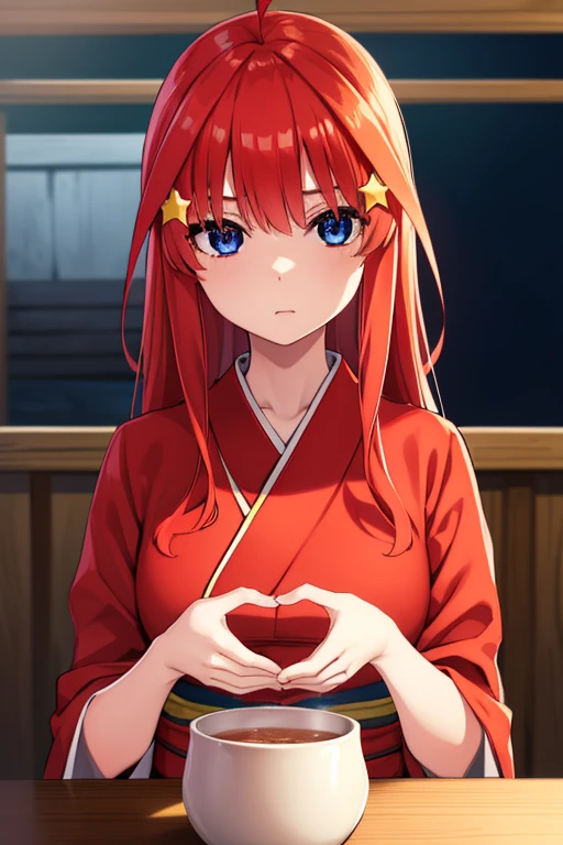 Satsuki Nakano, Itsuki Nakano, Bangs, Blue eyes, hair between eye, Ahoge, Red hair, Star \(symbol\), Hair Ornament, Star hair ornament,Bad Hand,Well-formed five-finger,Red kimono,Kimono,Furisode,Sunny,-So,leaks, A shrine that looks at the viewer, B leak is (masutepiece:1.2), Best Quality, High resolution, Unity 8k壁纸, (Illustration:0.8), (Beautiful detailed eyes:1.6), extra detailed face, Perfect Lighting, extremely details CG, (Perfect hands, Perfect Anatomy),
