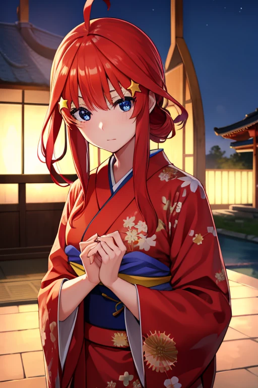 Satsuki Nakano, Itsuki Nakano, Bangs, Blue eyes, hair between eye, Ahoge, Red hair, Star \(symbol\), Hair Ornament, Star hair ornament,Bad Hand,Well-formed five-finger,Red kimono,Kimono,Furisode,Sunny,-So,leaks, A shrine that looks at the viewer, B leak is (masutepiece:1.2), Best Quality, High resolution, Unity 8k壁纸, (Illustration:0.8), (Beautiful detailed eyes:1.6), extra detailed face, Perfect Lighting, extremely details CG, (Perfect hands, Perfect Anatomy),
