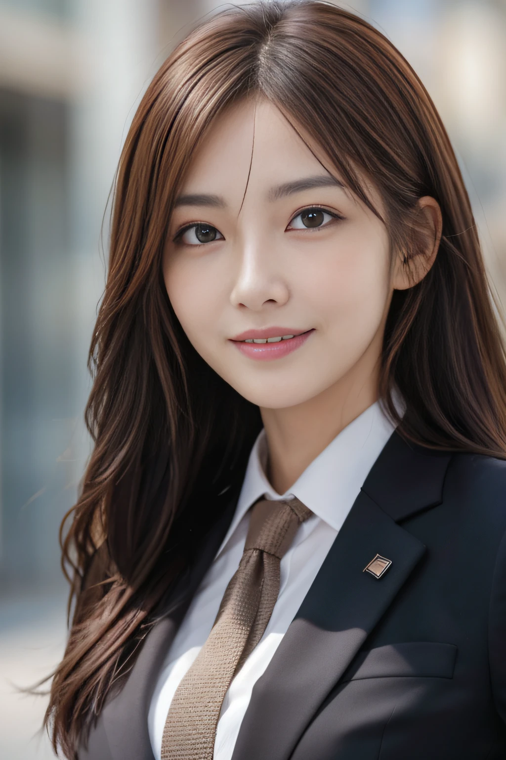 masutepiece, Best Quality, Photorealistic, Ultra-detailed, finely detail, High resolution, 8K Wallpaper, 1 beautiful woman,, light brown messy hair, in a business suit, foco nítido, Perfect dynamic composition, Beautiful detailed eyes, detailed hairs, Detailed realistic skin texture, Smiling, Close-up portrait, Model body type