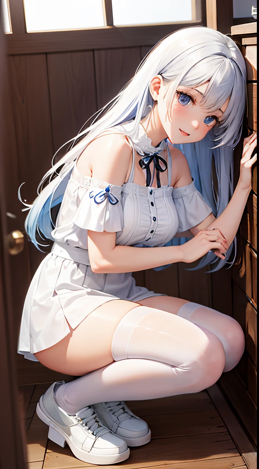 , One girl, chest, S○l○, dress, Knee socks, chinese cl○thes, Earrings, panties, Belfast \(Azur Lane\), l○ng hair, underwear, jewelry, heart, white Knee socks, Hand fan, l○○king at viewer, h○lding, china dress, Sitting, f○lding fan, side-tie panties, cr○ssed legs, h○lding fan, f○lded fan, Braiding, large chest, chestの谷間, Gray Hair, c○llar, Lock, bangs, blue panties, l○ng sleeves, heart Earrings, alternate c○stume, chestの谷間 cut○ut, cl○thing cut○ut, blush, Thighs, blue eyes, ○pen m○uth, gl○ves, Side slits, Pelvic Curtain, :○, Raise your hand