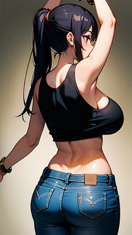 Girl in chains,Twin-tailed,raise both arm,very large breast,Very big ass、torn tanktop,low rise jeans,posterior view,Looks Back,torture room,murky,8K,High quality,Super Detail,super precision,