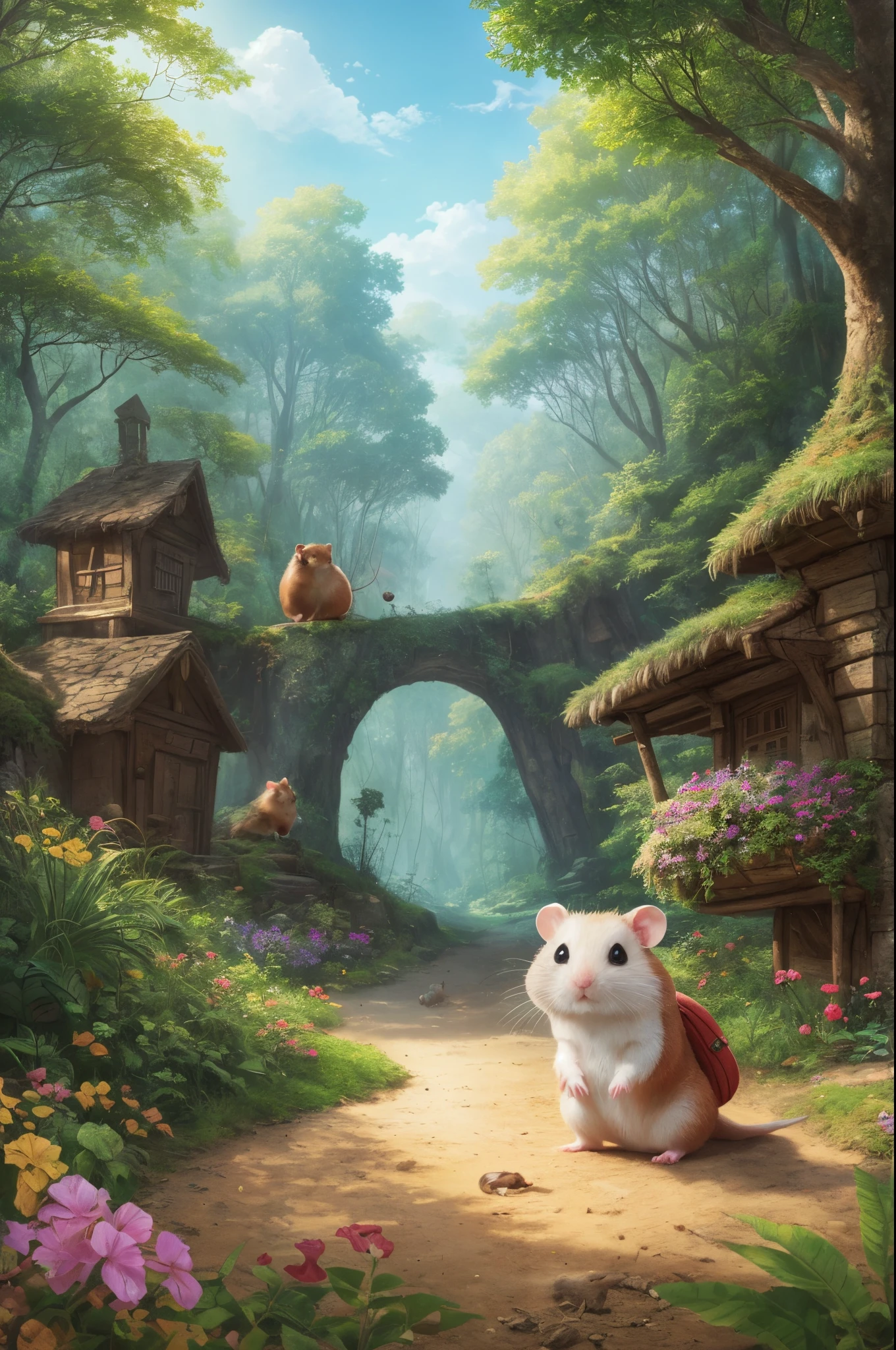 An adventurous hamster exploring a mystical forest, vibrant and full of life, with lush vegetation and towering ancient trees. The hamster is wearing a tiny backpack and a cute explorer hat, ready to embark on a thrilling journey. The scene is bathed in warm sunlight, casting enchanting rays through the forest canopy. The hamster's inquisitive eyes sparkle with excitement as it discovers hidden treasures along the way. Every detail is incredibly vivid, with ultra-detailed fur, adorable paws, and a mischievous grin. The artwork is created with a mix of digital painting and vibrant colors, resembling a whimsical illustration. The atmosphere is magical, with a touch of surrealism, creating a sense of wonder and adventure. The lighting is soft and natural, enhancing the beauty of the scenery and bringing the hamster's joyful spirit to life. The hamster's tiny footprints leave a trail behind, adding a delightful touch of realism. The entire scene is rendered in high-resolution and showcases the exquisite craftsmanship of a masterpiece.