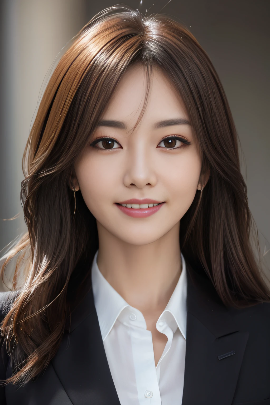 masutepiece, Best Quality, Photorealistic, Ultra-detailed, finely detail, High resolution, 8K Wallpaper, 1 beautiful woman,, light brown messy hair, in a business suit, foco nítido, Perfect dynamic composition, Beautiful detailed eyes, detailed hairs, Detailed realistic skin texture, Smiling, Close-up portrait, Model body type