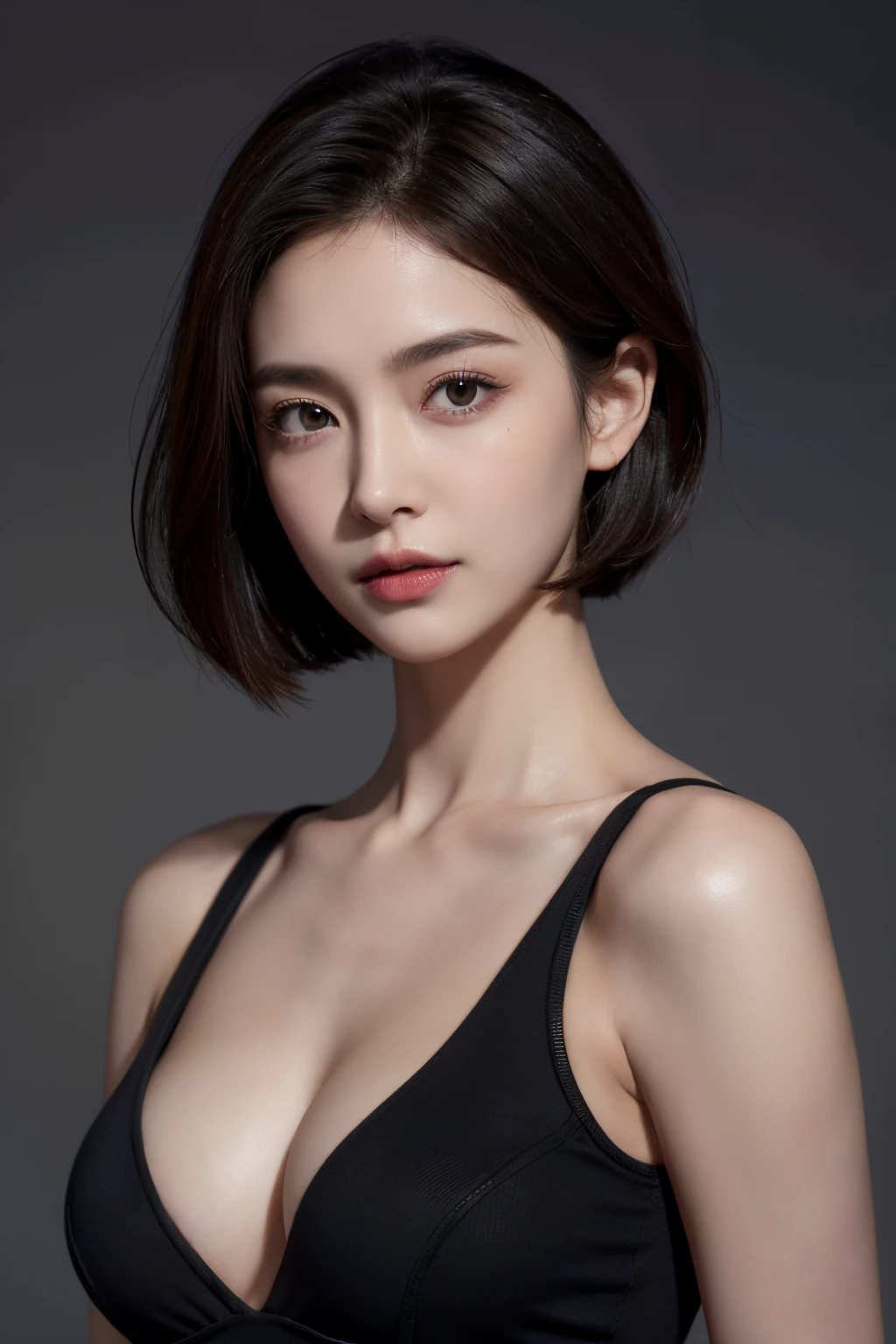 Skin Tight Black Top:1.2, Looking at Viewer, Cinematic lighting, Perfect, softlight, High resolution skin:1.2, Realistic skin texture, 30 years old mature woman、Small face、no-makeup、, off shoulders,Bust B Cup、 Exposed cleavage, Red Eyes, Short hair, dark brown  hair,Gray background、