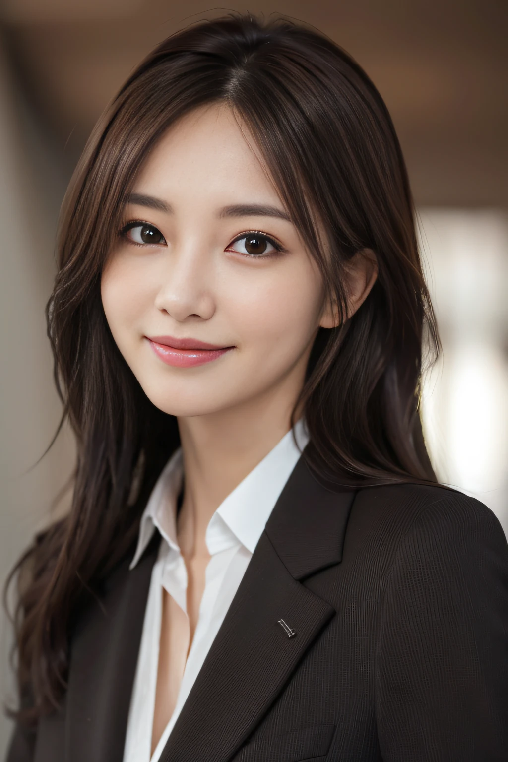 masutepiece, Best Quality, Photorealistic, Ultra-detailed, finely detail, High resolution, 8K Wallpaper, 1 beautiful woman,, light brown messy hair, in a business suit, foco nítido, Perfect dynamic composition, Beautiful detailed eyes, detailed hairs, Detailed realistic skin texture, Smiling, Close-up portrait, Model body type