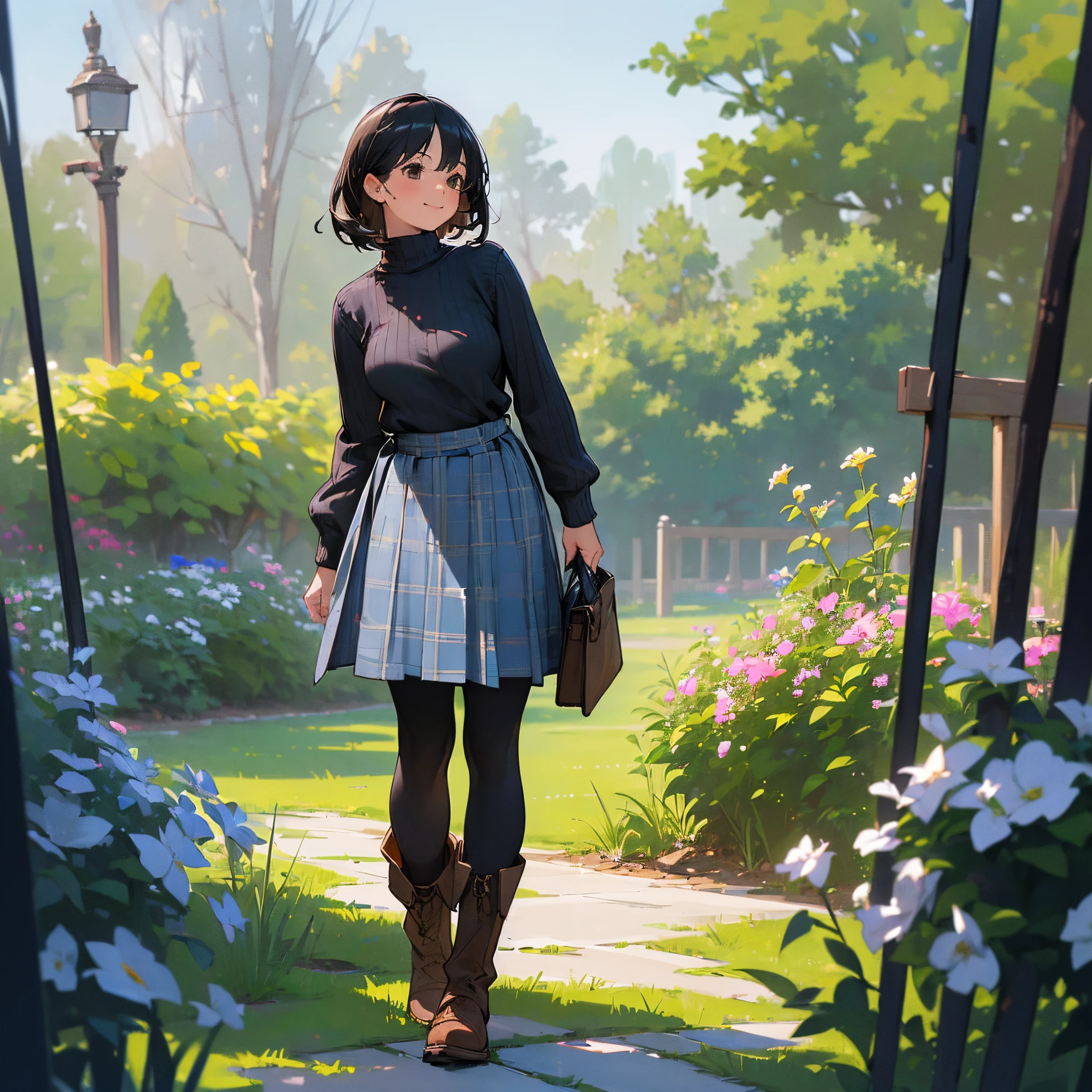 (High quality, High resolution, Ultra-detailed, Realistic:1.37), peaceful ambiance, (plein air, garden), Teenage girl standing alone, (My breasts are big.), Beautiful detailed features, Cute smile, (Black bob hair), Ribbed sweater, blue plaid skirt, Black tights, Brown boots.