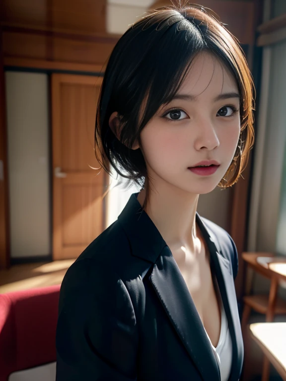 office room、Portrait of a woman in a suit, quality、hyper HD、奈良美智, Japanese model, Beautiful Japan Girl, short detailed hair, 27 year old female model, 4k ], 4K], 27years old, sakimicchan, sakimicchan