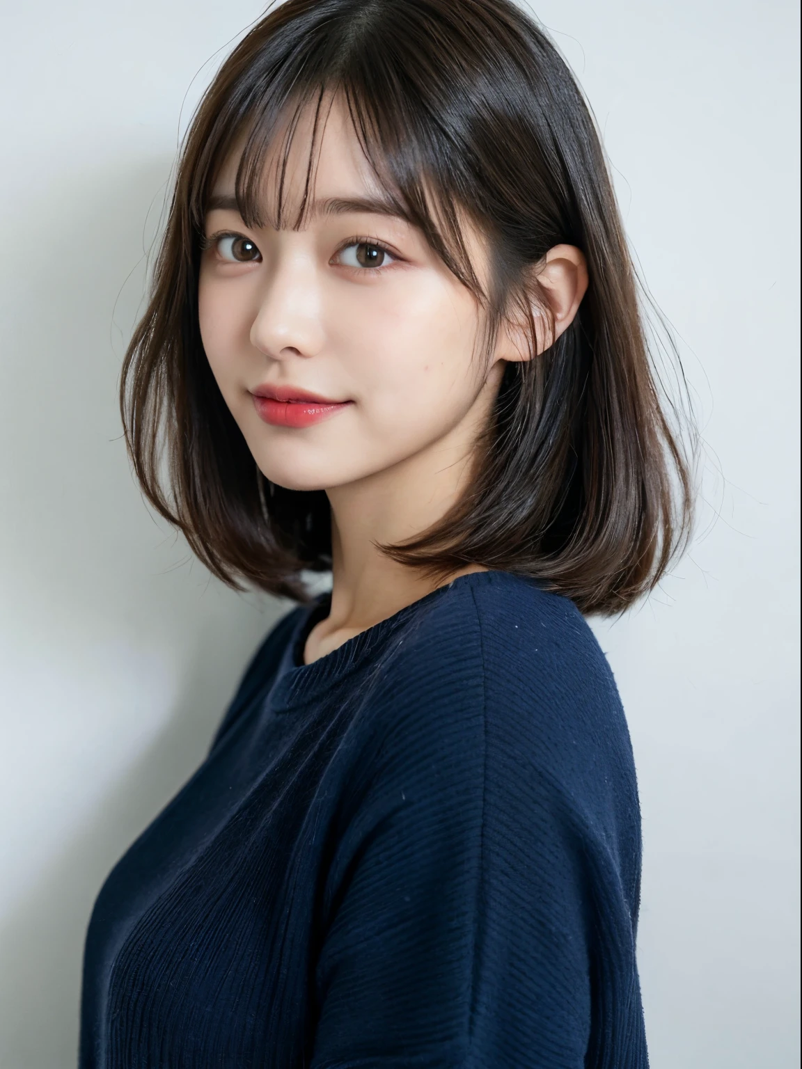 (8k、RAW Photography、top-quality、​masterpiece:1.2)、high-definition RAW color photography、professional photograpy、(realisitic、photoRealstic:1.37)、ciinematic light、1girl in、a smile、white walls、Taken in front of the white door、(white wall room with window)、Poses variadas、Crouch down、crouching down、BREAK (Ombre:1.3) 、Dark blue hair color、Dark blue hair color、Autumn clothes、Winter clothes、Simple Necklace、Winter clothes、Sweaters、(Beautiful profile:1.3)、Don't look at the camera、profile、bob、Bob Hair、bob cuts、((A woman with hair color that mixes blue and black))