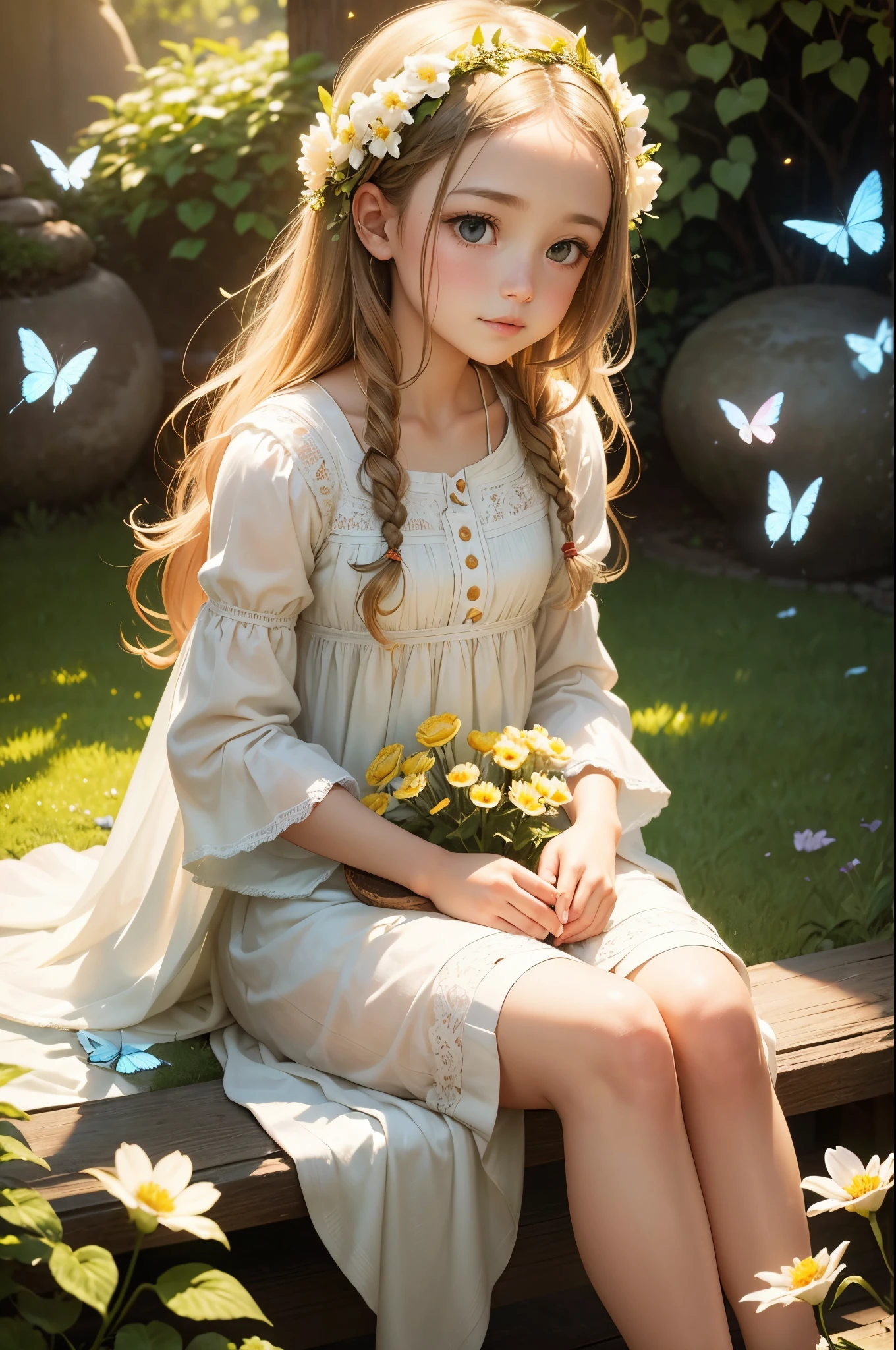 A girl sitting in a utopian garden, surrounded by vibrant flowers and lush greenery. The garden is filled with colorful butterflies and birds, all living harmoniously in this perfect world. The girl has beautiful, detailed eyes that reflect the pure joy and peace of this utopian world. She wears a flowing white dress, symbolizing purity and innocence. The garden is bathed in golden sunlight, casting a warm and ethereal glow over the scene. The flowers are in full bloom, their petals vibrant and delicate, adding a touch of surreal beauty to the garden. The air is filled with the sweet fragrance of the flowers, creating a sense of tranquility and serenity.