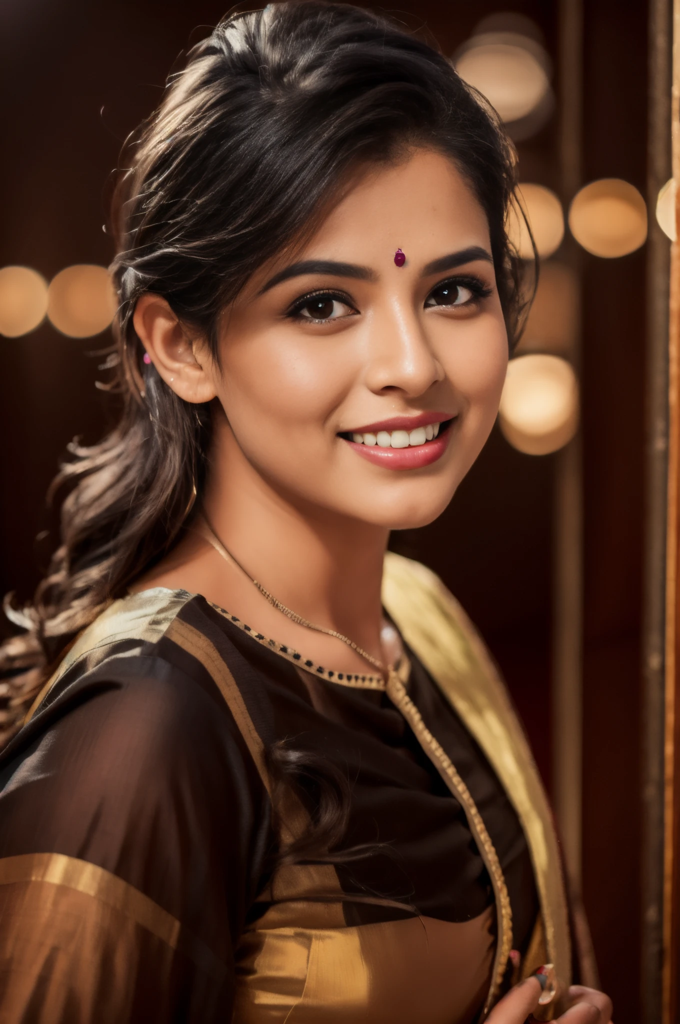 smiling woman in a black blouse and orange and yellow sari, 7 0 mm portrait, closeup portrait shot, 60mm portrait, chubby indian girl with brown skin, mid shot portrait, close - up portrait shot, close up portrait photo, mid-shot portrait of a beautiful, close up portrait shot, close up portrait, medium close up portrait, 50 mm lens photo portrait