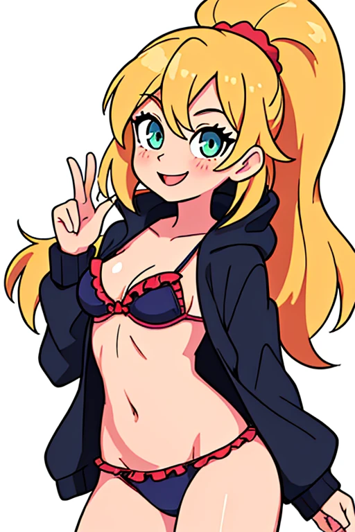 ((masterpiece, best quality, ultra-detailed))), (illustration), (beautiful detailed eyes), ((very cute detailed face)), (1girl), (solo),(Full_ body),Chica_anime_en_cuerpo_completo_con_un_frilled_bikini_blanco_y_brown_jacket,(hair)long_hair_blonde(blonde girl)_hair_back_lights_butt, back,
((smile))(cool pose), agressive drawing,
Showing butt, ((),,seminude,sexy, niples,
,(digital art)vectorial_art, trcoot style,arte_de_vectores, minimalista, rojo_monocromatico,
(Vivas) vivido_energtico, divertido y emocionante, exquisita