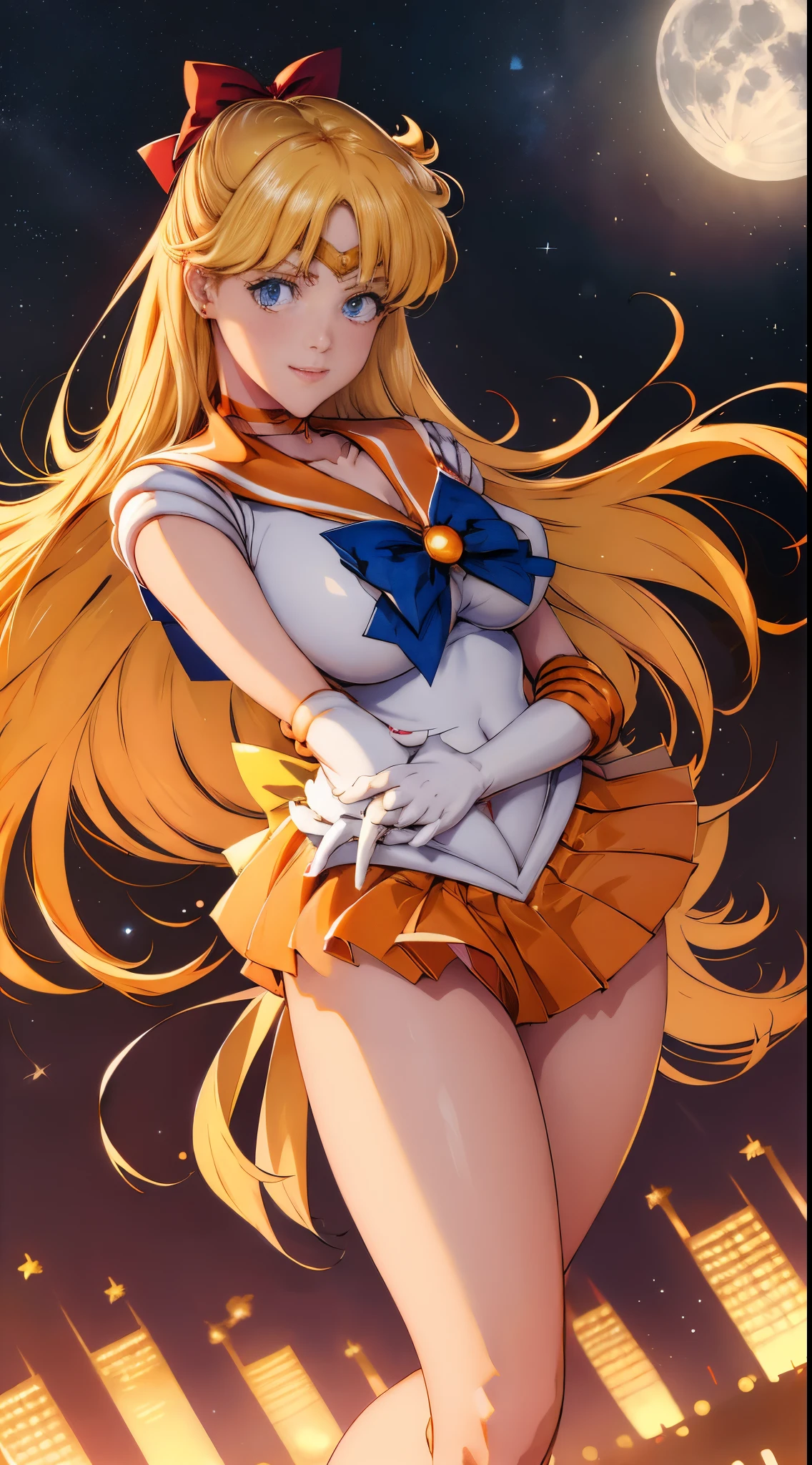 masutepiece, Best Quality, hight resolution, SV1, Sailor Senshi Uniform, Orange skirt, White shorts、elbow groves, tiarra, Pleated skirt, Miniskirt, white panty、Red bow, orangechoker, White Gloves, Jewelry, Starry sky, badass pose, slight smile, Portrait, floating, Moon, Upper body