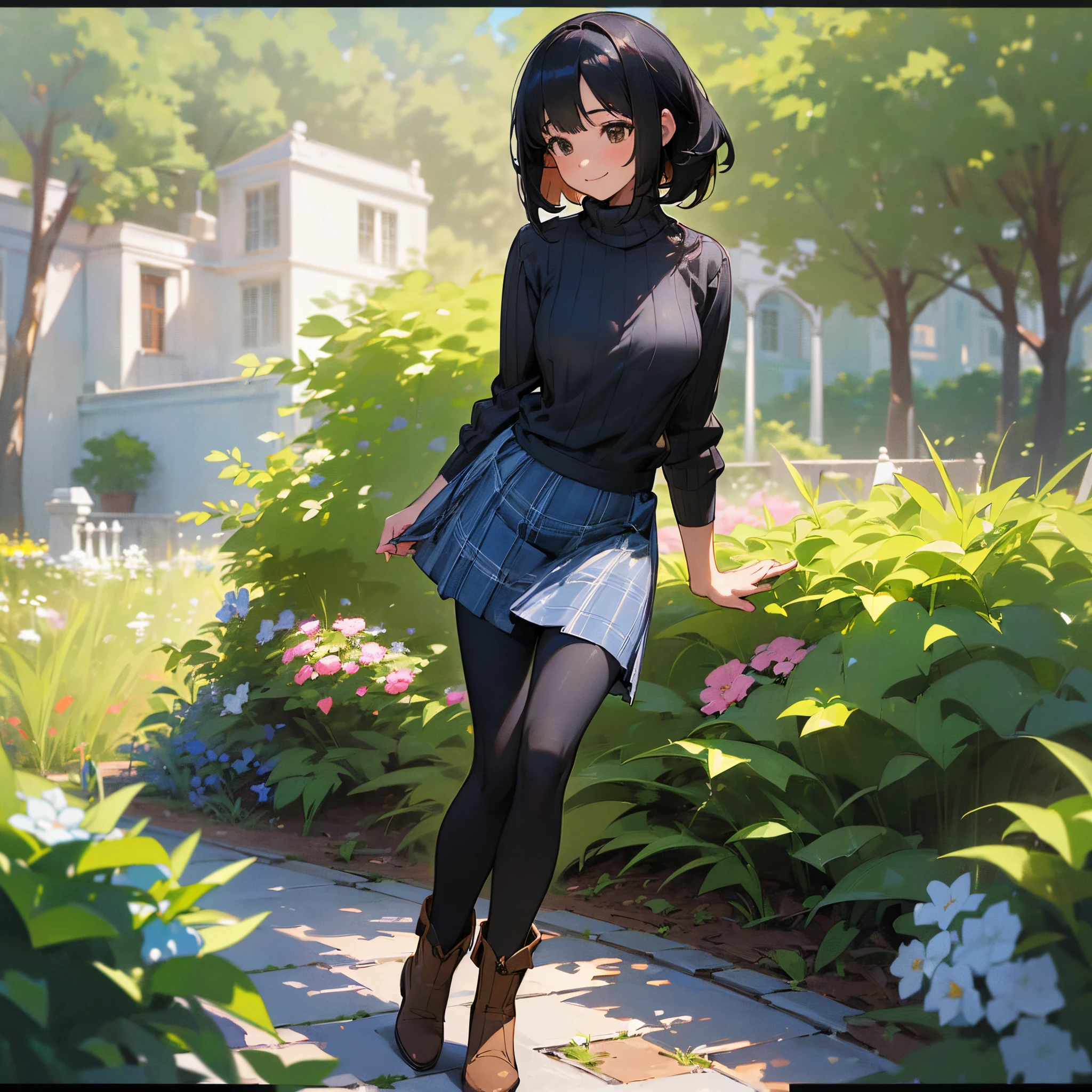(High quality, High resolution, Ultra-detailed, Realistic:1.37), peaceful ambiance, (plein air, garden), age girl standing alone, (My breasts are big.), Beautiful detailed features, Cute smile, (Black bob hair), Ribbed sweater, blue plaid skirt, Black tights, Brown boots.