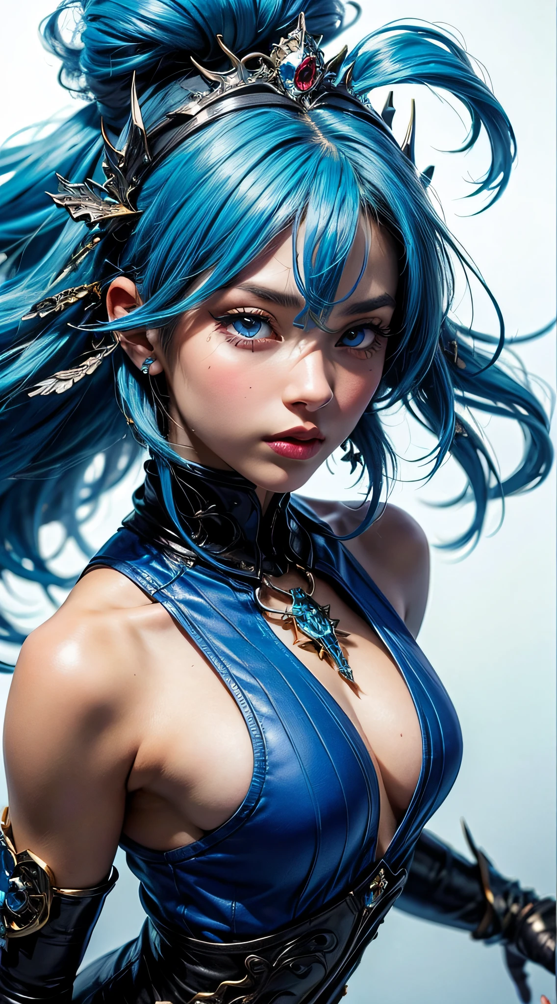 Blue nine-tailed dragon girl, (Bright blue hair), ((Big hair)), Double eyelids, Perfect figure, Nice face, Perfect Skin, Blue eyes, spirit princess, Blue Period