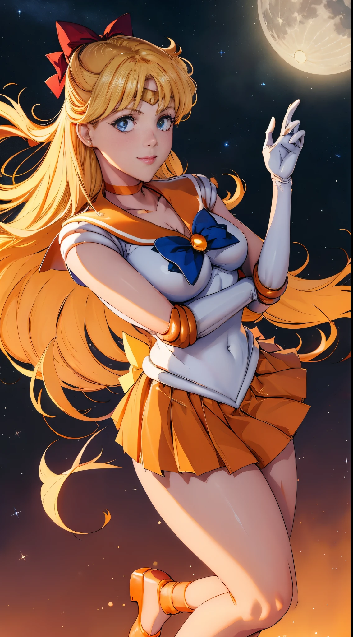 masutepiece, Best Quality, hight resolution, SV1, Sailor Senshi Uniform, Orange skirt, White shorts、elbow groves, tiarra, Pleated skirt, Miniskirt, white panty、Red bow, orangechoker, White Gloves, Jewelry, Starry sky, badass pose, slight smile, Portrait, floating, Moon, Upper body