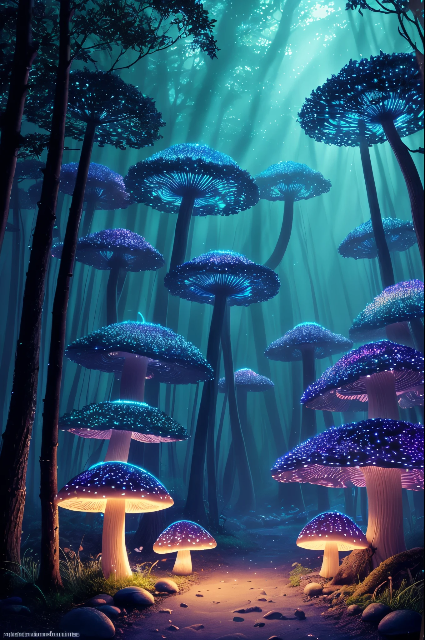 bioluminescent mushrooms,in a mystical forest,glowing softly,illuminating the darkness,enchanted atmosphere,colorful mushrooms scattered,bioluminescent spores floating in the air,magical glow from the forest floor to the treetops,peaceful and serene ambiance,dazzling spectacle of light and color,ethereal glow enhancing the vibrant greenery,gentle flickering light creating a mesmerizing dance,whispering trees casting long shadows,mysterious creatures hiding in the shadows,enchanted creatures drawn to the radiance,sparkling mushrooms with intricate patterns,glowing pathway leading deeper into the forest,mythical beauty of nature's own light show,soft hues and pastel shades of bioluminescence,luminous wonderland straight out of a fairytale,stunning bioluminescent display against the twilight backdrop,peaceful and serene ambiance bathed in a calming glow,translucent mushrooms emitting a soft and soothing light,celestial glow of the bioluminescent mushrooms capturing the imagination,transcendent beauty of nature's own light show,magical forest where reality and fantasy intertwine. (best quality,4k,8k,highres,masterpiece:1.2),ultra-detailed,(realistic,photorealistic,photo-realistic:1.37),HDR,UHD,studio lighting,sharp focus,physically-based rendering,extreme detail description,professional,vivid colors.