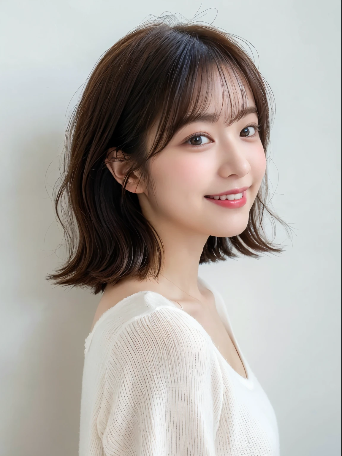 (8k、RAW Photography、top-quality、masterpiece:1.2)、high-definition RAW color photography、professional photograpy、(realisitic、photoRealstic:1.37)、ciinematic light、1girl in、a smile、white walls、Taken in front of the white door、(white wall room with window)、Poses variadas、Crouch down、crouching down、BREAK (Ombre:1.3) 、Winter clothes、Simple Necklace、White sweater、(Beautiful profile:1.3)、Don't look at the camera、profile、bob、Bob Hair、bob cuts、((Navy hair color))、Long Bob