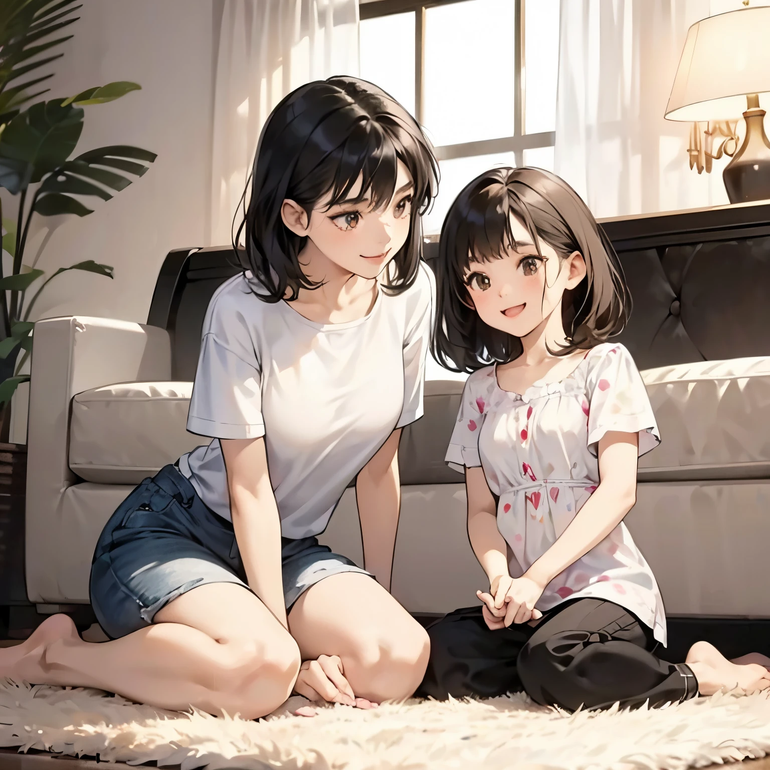 Cute sisters who are different in age are playing with a kitten,Smiling happily,My sister has straight black hair and is slender...,my sister has short brown hair and big breasts.,tre anatomically correct,Precise fingers,Casual clothing,Accurate depiction of a white kitten,sit on the carpet in the casual room,photorealisim,masterpiece,