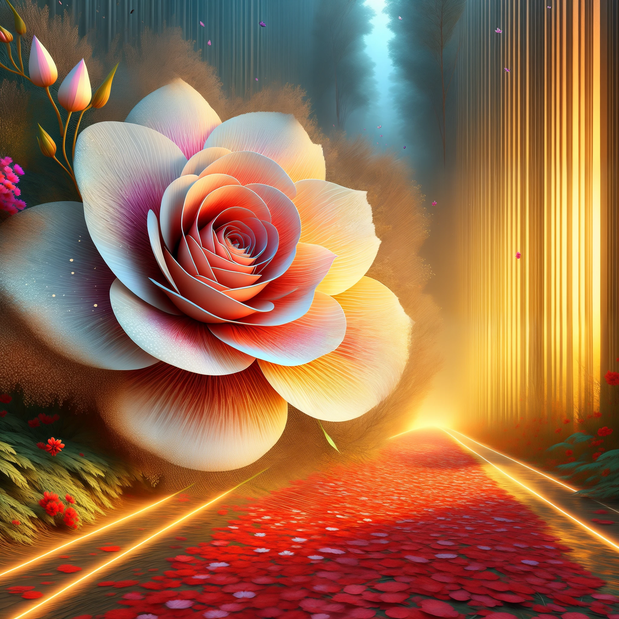 un primer plano de una flor en un camino en un bosque, Hermoso arte UHD 4 K, Hermoso arte digital, Arte digital 4K altamente detallado, Arte digital muy bonito, Hermoso y hermoso arte digital, Arte digital 3D 4K, Arte digital detallado 4K, Magnificent digital art, Hermosa obra de arte digital, beautiful composition 3 - d 4 k, magic flowers