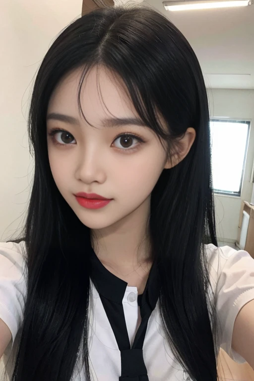olhos cinzentos, Uniforme escolar coreano, summer school uniform shirt, gravata de fita, saia, loira brilhante, escadas da escola, descer as escadas da escola, Chest Thrusting Pose, Pose de gabar-se no peito, Foto bruta 8K, high resolution, coreano legal aos 16 anos, seios redondos muito grandes, Olhos bonitos em detalhes, long eyelashes, beautiful double eyelids, sombra, delineador, olhos esguios, forma alongada dos olhos, Olhos de Sanpaku, sorriso maligno, evil look, Lindas pernas muito finas, Coxas muito finas bonitas, random average hair, hair tied behind the head, Brincos,
