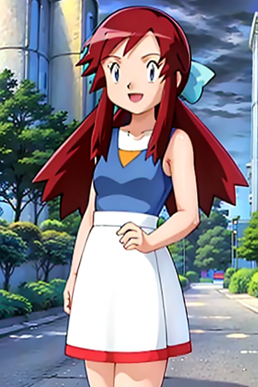 Melody, 1 girl, a 14 years old girl, solo, pokemovies, sugimori ken, ken sugimori ken \(style\), bare arms, bare shoulders, little white dress, masterpiece, 8k, best quality,  happy, smile, anime screencap, zoom out,  looking at viewer, landscape, sea, fields, daytime, sunlight, anime background