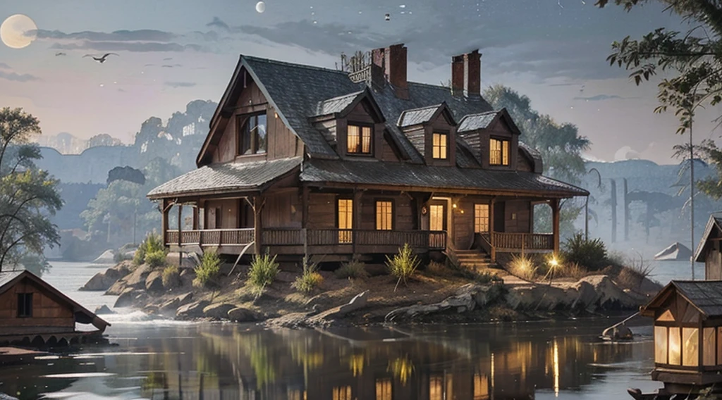 old family house with lake and birds perfect night nature with stars and moon