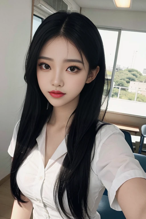 olhos cinzentos, Uniforme escolar coreano, summer school uniform shirt, gravata de fita, saia, loira brilhante, escadas da escola, descer as escadas da escola, Chest Thrusting Pose, Pose de gabar-se no peito, Foto bruta 8K, high resolution, coreano legal aos , seios redondos muito grandes, Olhos bonitos em detalhes, long eyelashes, beautiful double eyelids, sombra, delineador, olhos esguios, forma alongada dos olhos, Olhos de Sanpaku, sorriso maligno, evil look, Lindas pernas muito finas, Coxas muito finas bonitas, random average hair, hair tied behind the head, Brincos,