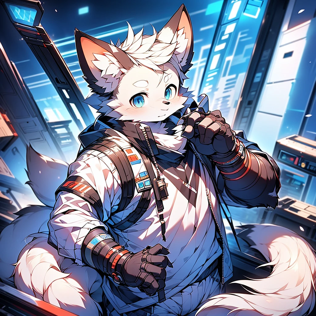 tmasterpiece,Best quality,male people,独奏,A white fox,young,独奏,adolable,There a slight flush on the cheeks,cyber punk style,Wearing a blue jacket and white shorts,Armed,face to the viewer。