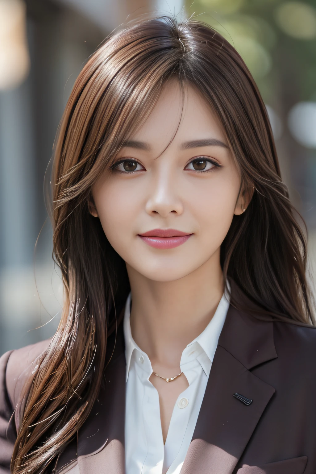 masutepiece, Best Quality, Photorealistic, Ultra-detailed, finely detail, High resolution, 8K Wallpaper, 1 beautiful woman,, light brown messy hair, in a business suit, foco nítido, Perfect dynamic composition, Beautiful detailed eyes, detailed hairs, Detailed realistic skin texture, Smiling, Close-up portrait, Model body type