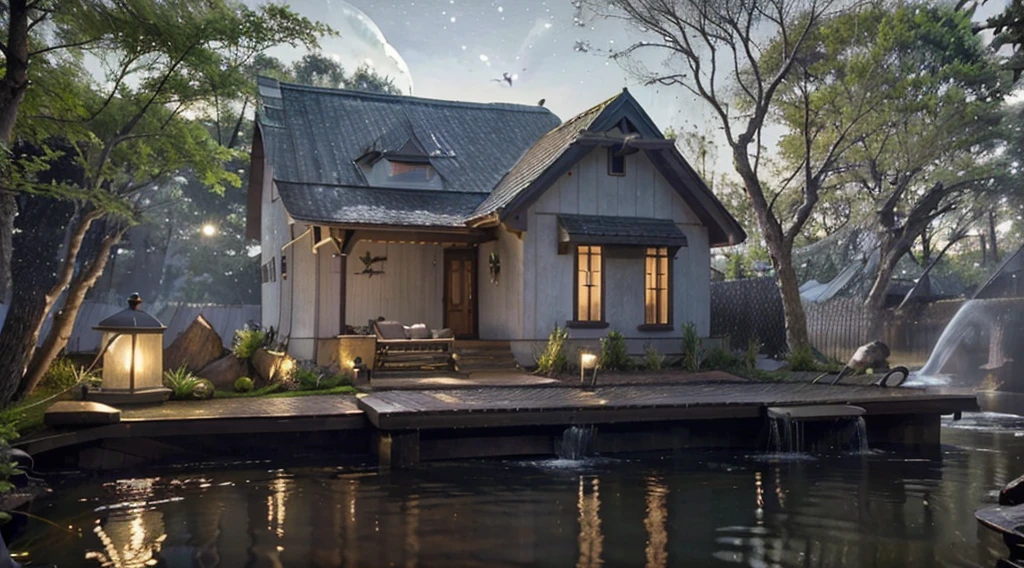 (best quality,4k,8k,highres,masterpiece:1.2),ultra-detailed,(realistic,photorealistic,photo-realistic:1.37),old family house,beautiful lake,serene scenery,gentle moonlight,sparkling stars,tranquil atmosphere,peaceful night,reflection on water,twinkling lights,night sky,breathtaking view,surrounded by nature,calm and quiet,cozy fireplace,inviting porch,homely feeling,lakefront property,natural beauty,serenity,starlit night,whispering trees,full moon,glowing windows,peace and tranquility,waterfowl flying,flapping wings,happy birds,moonlit pathway,family memories,nostalgic atmosphere,lakeside living,relaxing ambiance,nighttime beauty,water reflections,nighttime serenade,illuminated garden,moonlit garden,rejuvenating evening,harmony with nature,colorful flowers,benevolent atmosphere,welcoming front yard,lovingly maintained home,lush greenery,serene garden,waterfront living,sounds of nature,sweet melodies of birdsong