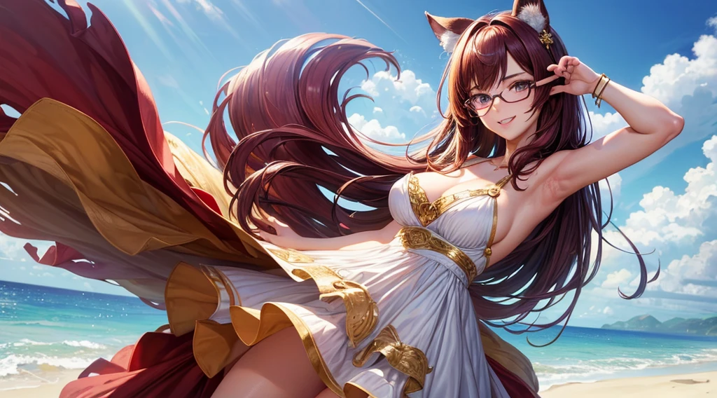 (masterpiece, best)), (1girl), (mature woman), Maroon hair, open-chest seduction, flared, (kemonomimi lady), bangs, medium breasts, glasses lady, (full), slim, smile, [wide hips], standing, 8K picture quality, sexy seduction, (open-chest) (Sharp focus: 1.5), (sharp focus:1.2), (beautiful face:1.1), (eye makeup:1.2), (tight body:1.2), (flowery dress:1.2) (the beach:1.2). (morning sun lighting:1.2), ((Masterpiece)), (highest quality))), (Character design sheet, national costume, same character, front, side, back), (simple background, white background: 1.3) ( Masterpiece:1.2), (Best Quality:1.3) (best quality:1.1) realistic:1.37 long, flowing:1.1 luscious, plump:1.1 sparkling sequins:1.1 subtle, Gold:0.9 soft, warm:1.1 best quality,4k,8k,highres,masterpiece:1.2, realistic,photorealistic,photo-realistic:1.37, ultra-detailed:1.1 busty animal ears, beautiful, detailed ears:1.1 best quality, 4k, highres, masterpiece:1.2 detailed, piercing eyes:1.1 4k, 8k, highres, masterpiece:1.2 very three-dimensional: 1.2 (8k, best quality, masterpiece:1.2 ((masterpiece, best))