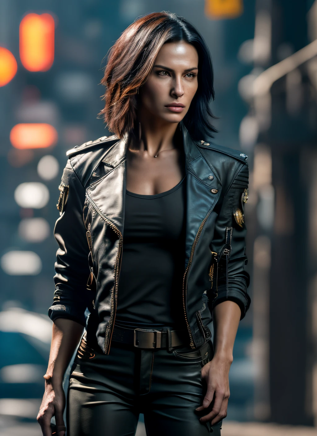 masterpiece, detailed, best quality, award-winning photo, attractive, transgender, transwoman with pants bulge, gina carino, seen from side angle, shoulder length black hair, she is wearing an open padded motorcycle jacket, tight male leather jeans with pants bulge, (lower half male with pants bulge), muscular build, small breasts, smaller breasts, beautiful, (masterpiece:1.2), (best quality:1.2), perfect lighting, sharp focus, 1girl, solo, highly detailed face, high detail eyes, perfect eyes, perfect face, village, outdoors in Cyberpunk city, cyberpunk 2077, abs, toned, cyberpunk bounty hunter, large bore handgun in hip holster as she patrols the streets, cybernetic robotic left arm,