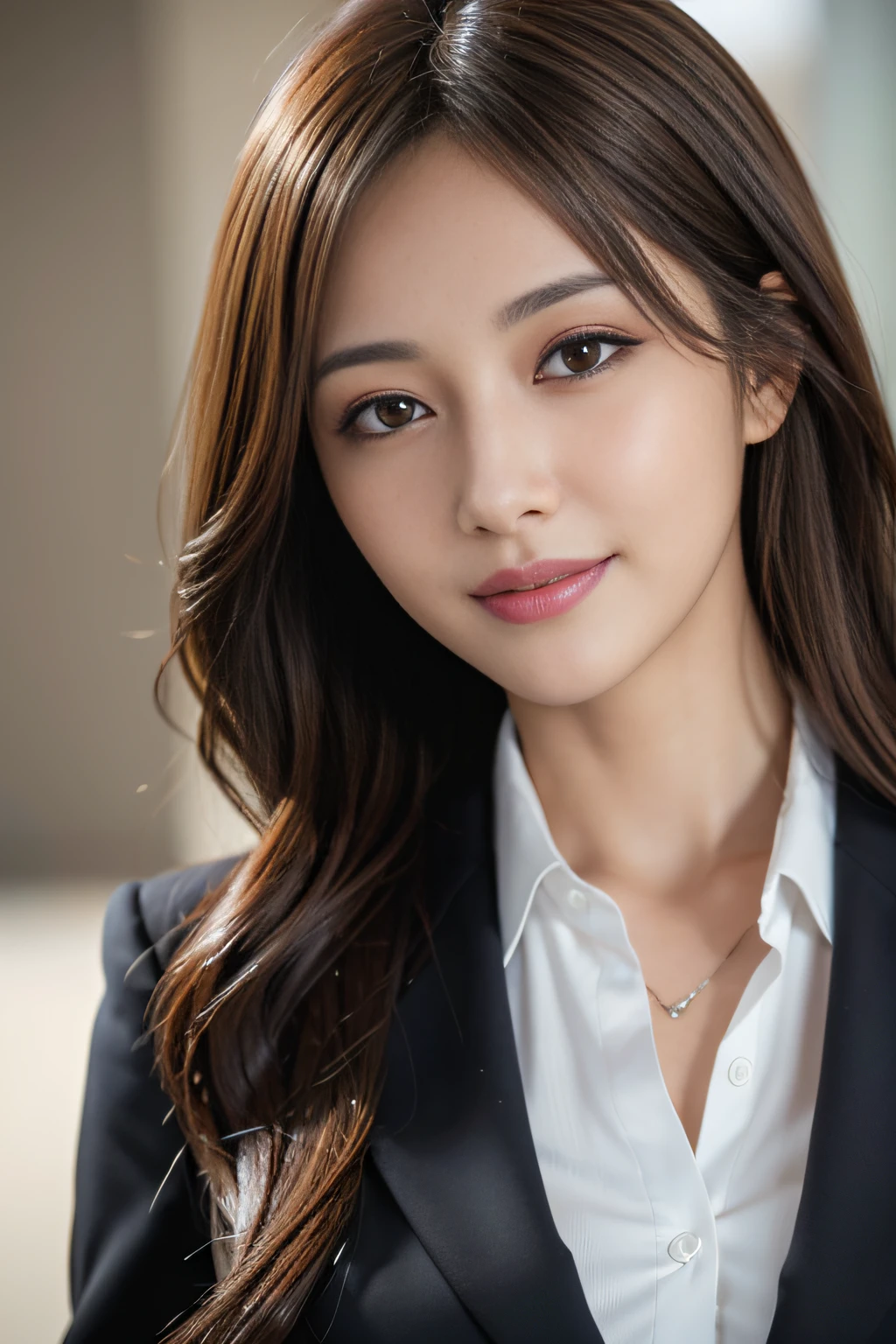 masutepiece, Best Quality, Photorealistic, Ultra-detailed, finely detail, High resolution, 8K Wallpaper, 1 beautiful woman,, light brown messy hair, in a business suit, foco nítido, Perfect dynamic composition, Beautiful detailed eyes, detailed hairs, Detailed realistic skin texture, Smiling, Close-up portrait, Model body type