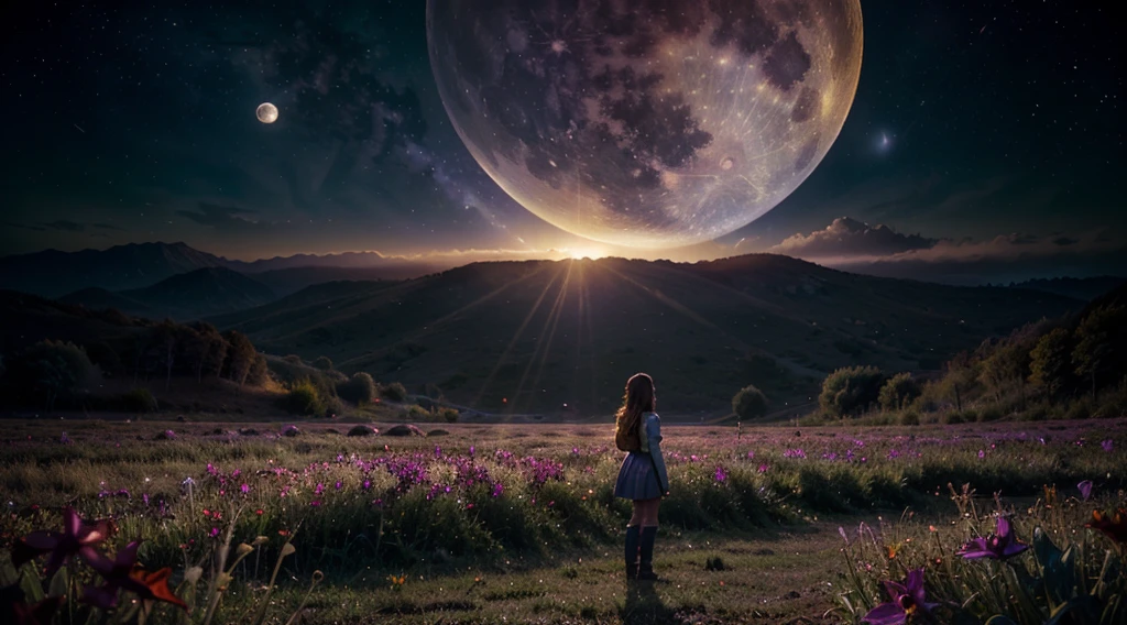 expansive landscape photograph , (a view from below that shows sky above and open field below), a girl standing on flower field looking up, (full moon:1.2), ( shooting stars:0.9), (nebula:1.3), distant mountain, tree BREAK
production art, (warm light source:1.2), (Firefly:1.2), lamp, lot of purple and orange, intricate details, volumetric lighting BREAK
(masterpiece:1.2), (best quality), 4k, ultra-detailed, (dynamic composition:1.4), highly detailed, colorful details,( iridescent colors:1.2), (glowing lighting, atmospheric lighting), dreamy, magical, (solo:1.2),Above  the symbol of the socialist class