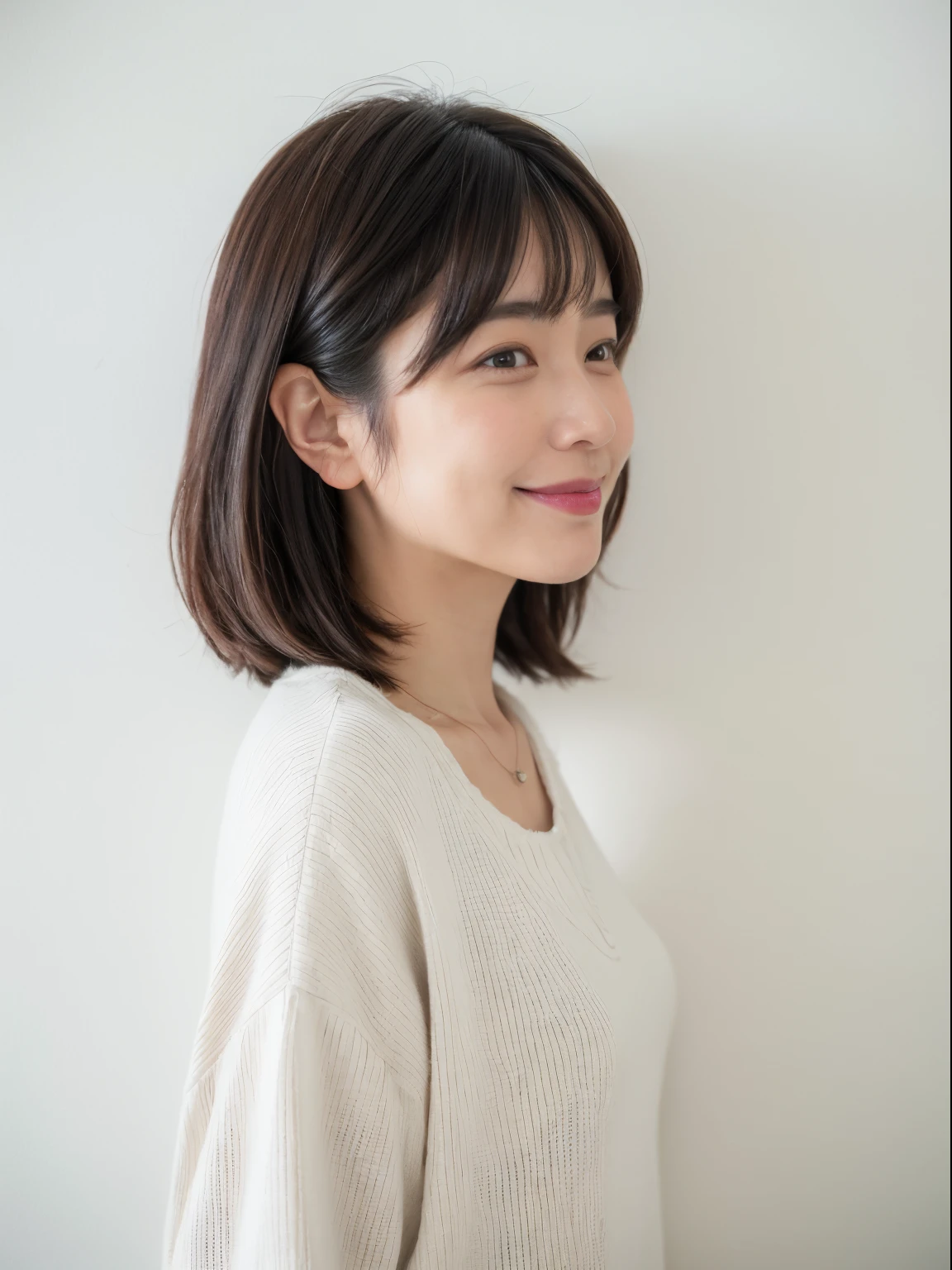 (8k、RAW Photography、top-quality、masterpiece:1.2)、high-definition RAW color photography、professional photograpy、(realisitic、photoRealstic:1.37)、ciinematic light、1girl in、a smile、white walls、Taken in front of the white door、(white wall room with window)、Poses variadas、Crouch down、crouching down、BREAK (Ombre:1.3) 、Winter clothes、Simple Necklace、White sweater、(Beautiful profile:1.3)、Don't look at the camera、profile、bob、Bob Hair、bob cuts、((Navy hair color))、Long Bob