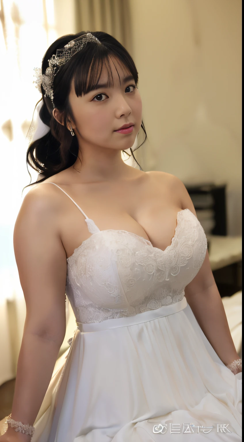 (masutepiece:1.3), (8K, Photorealistic, Raw photography, Best Quality: 1.4),1人,17 age,(large full breasts:1.2),(Japanese high school girl, Huge frame, thick neck, Sturdy arms, powerful legs, , an hourglass figure, Voluptuous hips, ample bust, Full thighs,(weddingdress:1.4)