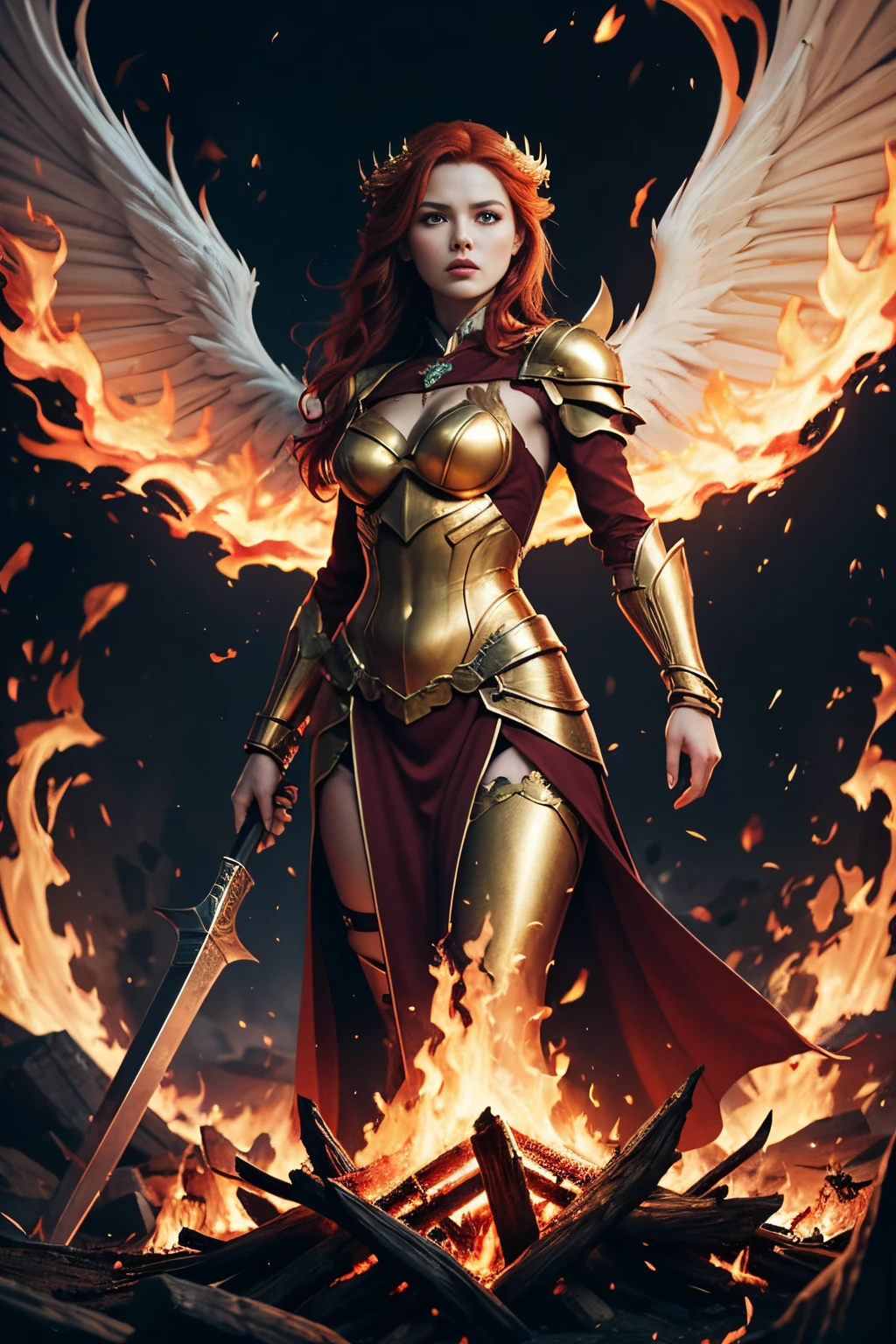 Masterpiece, ultra detailed, best quality, 8k !(a angel woman with a red hair and a gold costume, appears as the fire goddess, hot fire goddess, with fiery red-black wings of flame, with fiery golden wings, the butterfly goddess of fire, goddess of fire, fire goddess, phoenix warrior, redhead queen in heavy red armor, goddess of anger, red haired goddess, she has fire powers)